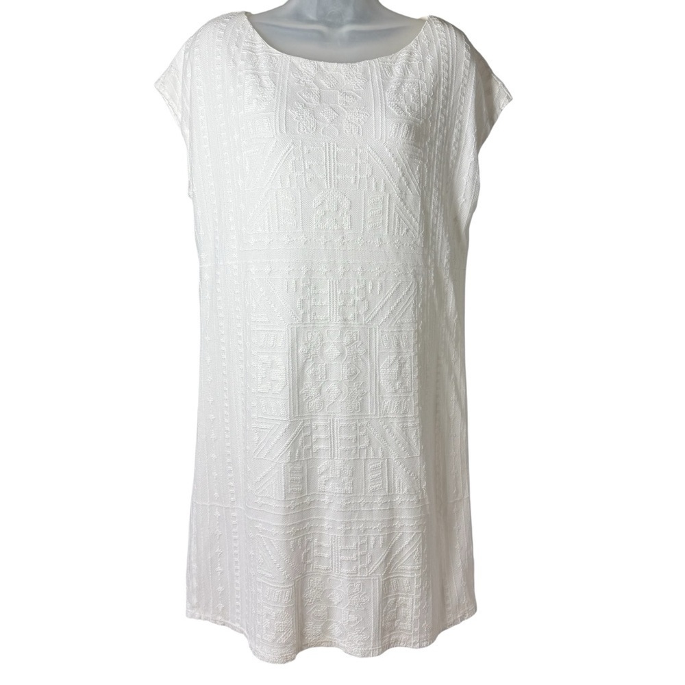 Ralph Lauren M White Midi Shift Dress Textured Embroidered Jacquard Minimalist